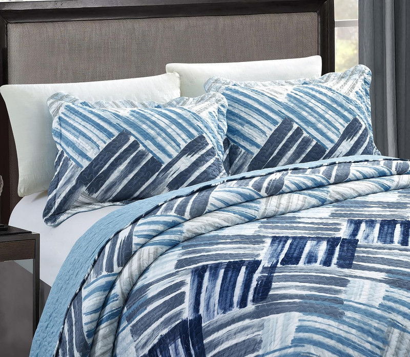 Blue and Grey Stripe Blocks Patchwork, 3-Piece Quilt Set with 2 Shams, Reversibl gallery