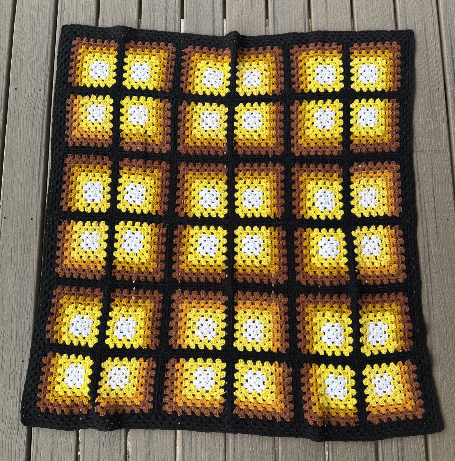 VTG 53x53in Hand-Crocheted Granny Square Afghan Blanket Brown/Yellow/Black/White gallery