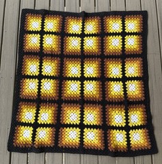 VTG 53x53in Hand-Crocheted Granny Square Afghan Blanket Brown/Yellow/Black/White