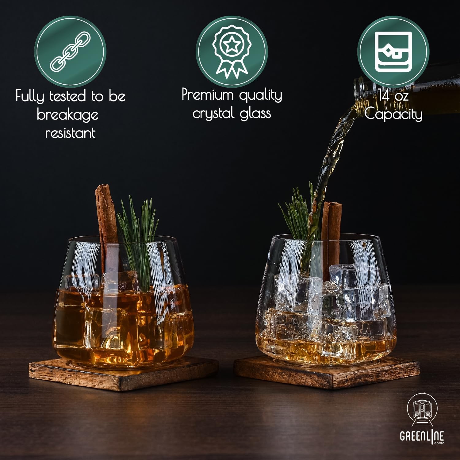 Greenline Goods Whiskey Glasses Set | Large 14 oz Crystal of 2, Clear gallery