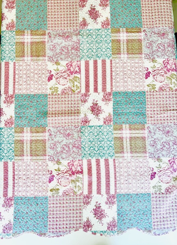 3-Piece Queen Size Printed Patchwork Cotton Quilt Set - Navy Flower Floral Strip gallery