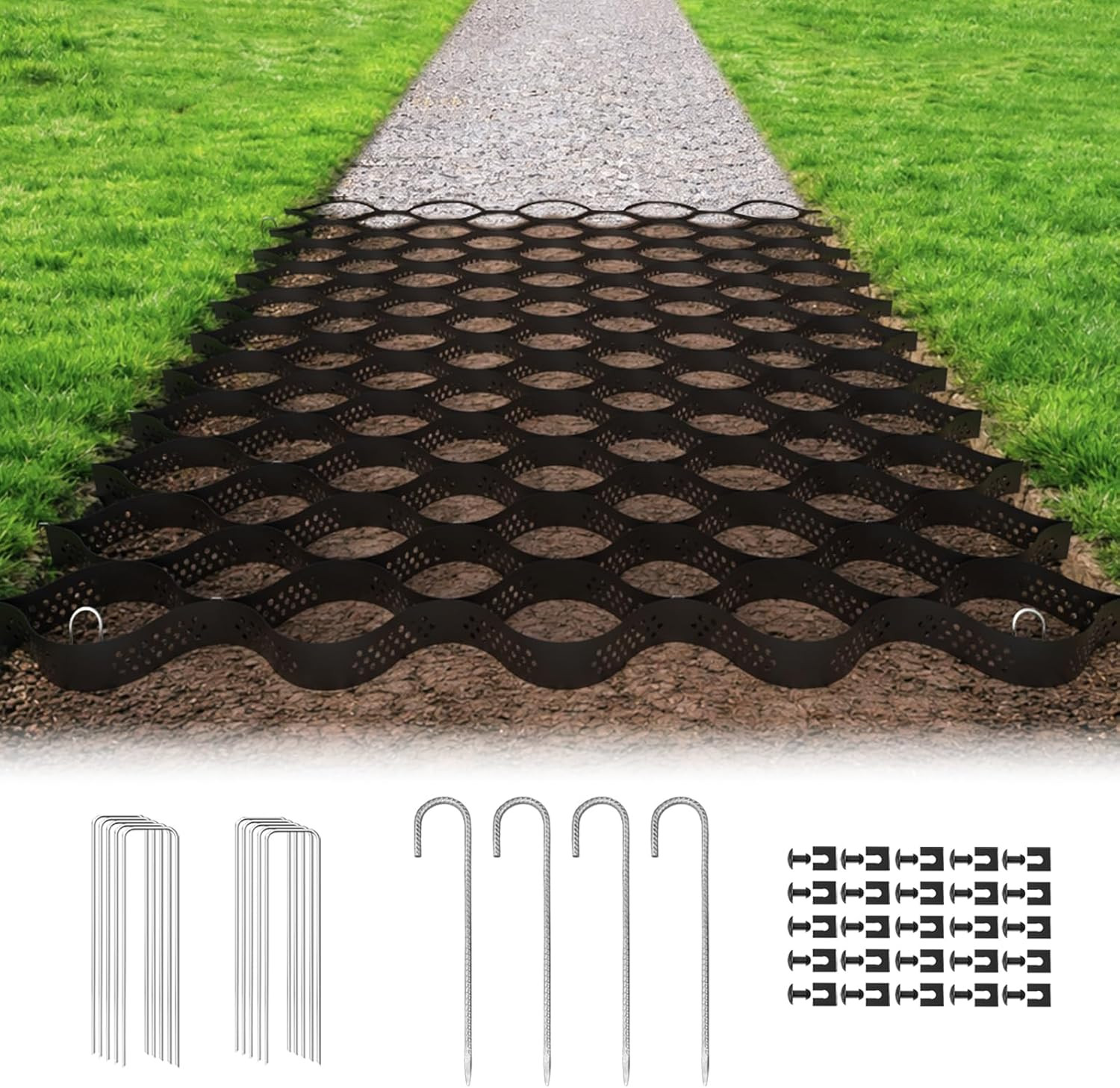 Gravel Grid 2'' Depth with Metal Stakes, 6.6x16.4 FT Geogrid for Gravel Driveway gallery