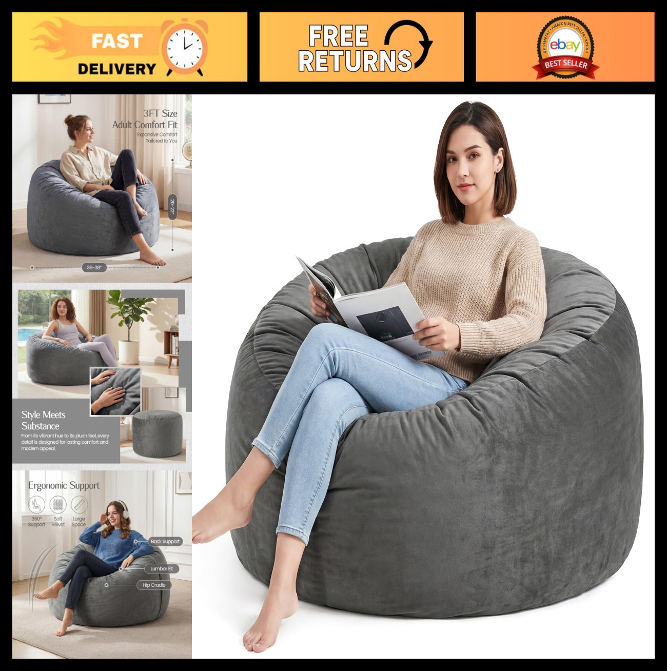 3FT Medium Memory Foam Bean Bag Chair, Soft Washable Velvet Cover - Grey, Ideal gallery