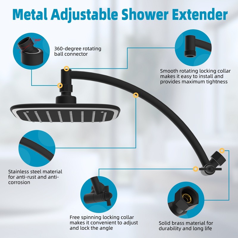 10" Rainfall Shower Head with 12" Shower Head Extension Arm Adjustable Black gallery