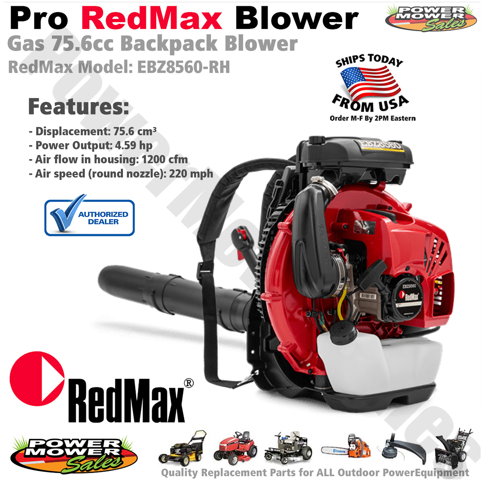 RedMax Gas Powered Backpack Leaf Blower 75.6cc, 220 MPH, 1200 CFM / EBZ8560RH gallery