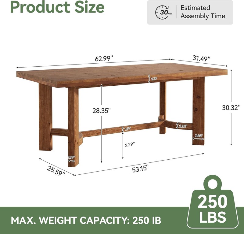 63-Inch Solid Wood Dining Table Farmhouse Rectangle Kitchen Table for 4-6 People gallery