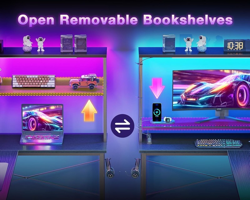Reversible L-Shaped Computer Desk Gaming Desk with LED Lights and Power Outlets gallery