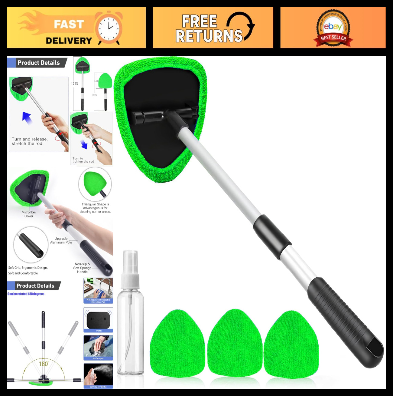 Car Windshield Cleaning Tool with Extendable Handle & 4 Washable Microfiber Pads gallery