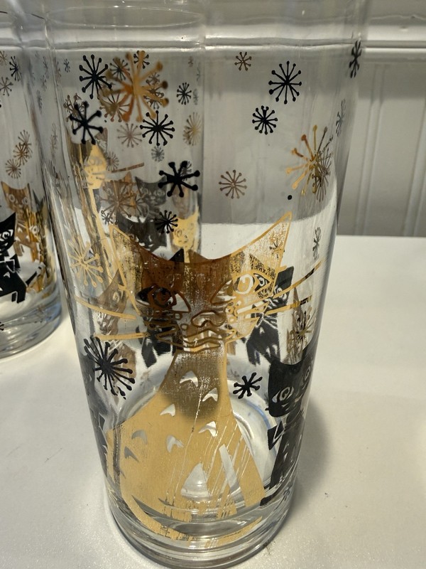 *4* MCM ATOMIC GOLD LEAF & BLACK STYLIZED CATS*KITTENS*STARS HIGHBALL GLASSES gallery