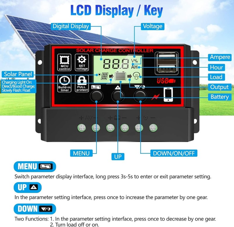 Black and Red 30A Solar Panel Battery Regulator with LCD Dual USB 12V/24V PWM gallery