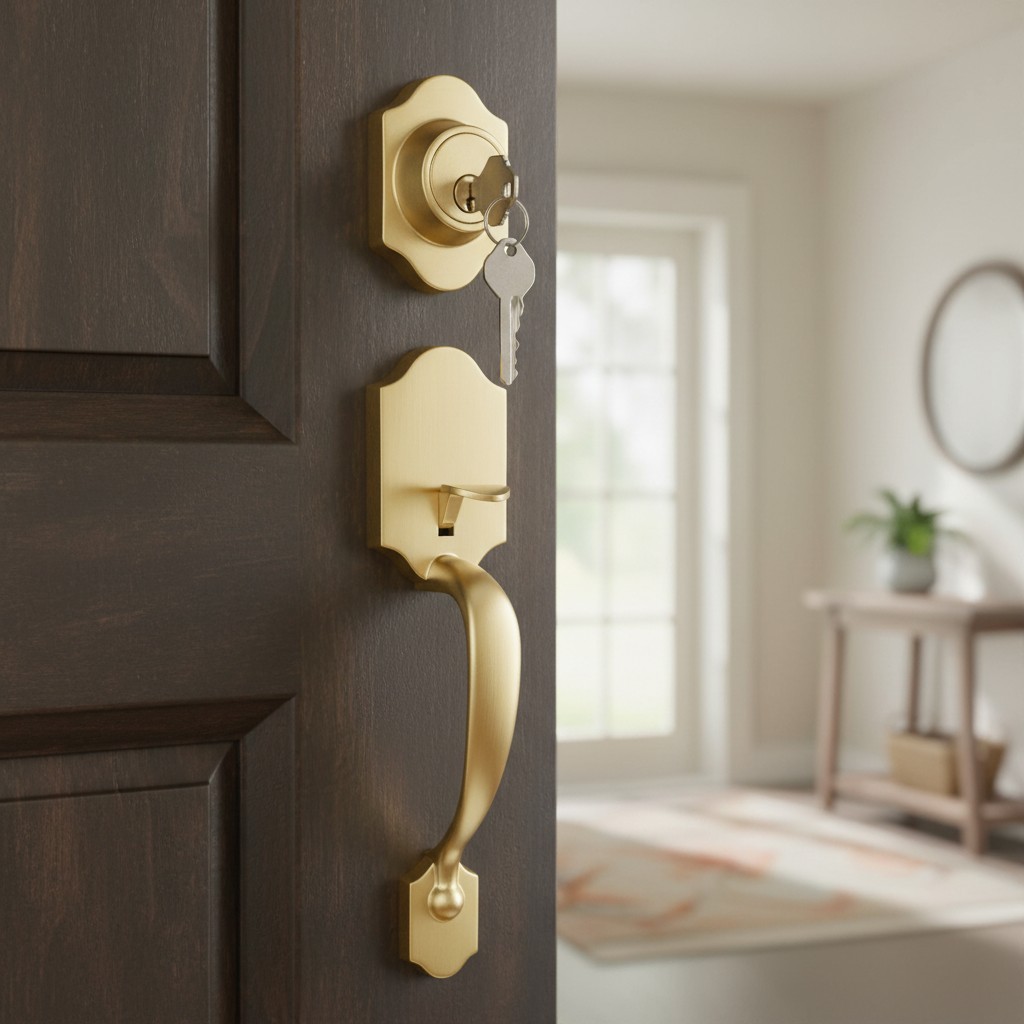 Classic Brass Front Door Lock Set - Durable Zinc Construction with Gold Finish gallery