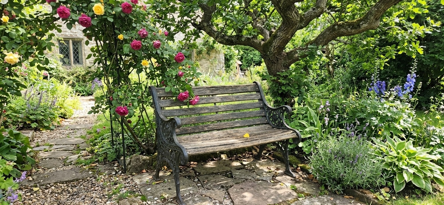 Antique Garden Bench Cast Metal Sides, Original Oak Wood, Arms/Back 54x27x36 gallery