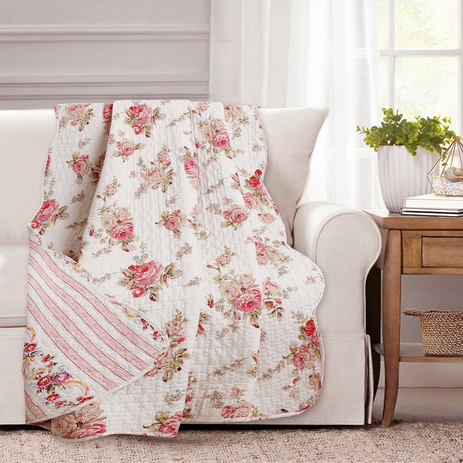 Spring Peony Pink Red Floral Printed Reversible Cotton Quilted Throw gallery