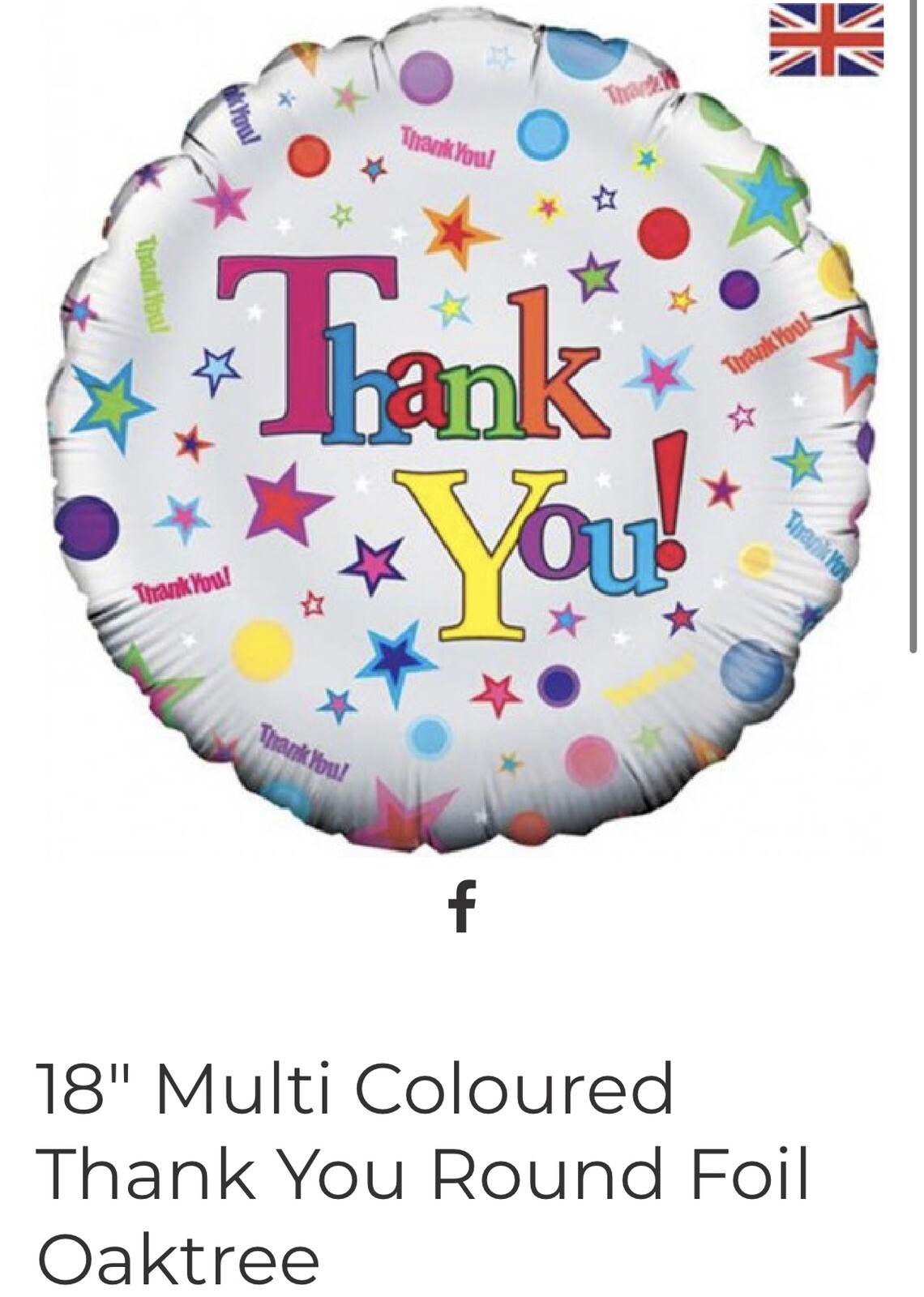 18" Multi Coloured Thank You Round Foil Balloon By Oaktree uk gallery