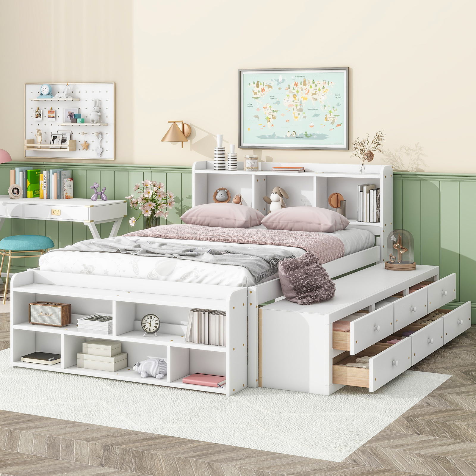 Wooden Full Size Bed Frame W/ Bookcase Storage Headboard and Drawers/Case White gallery