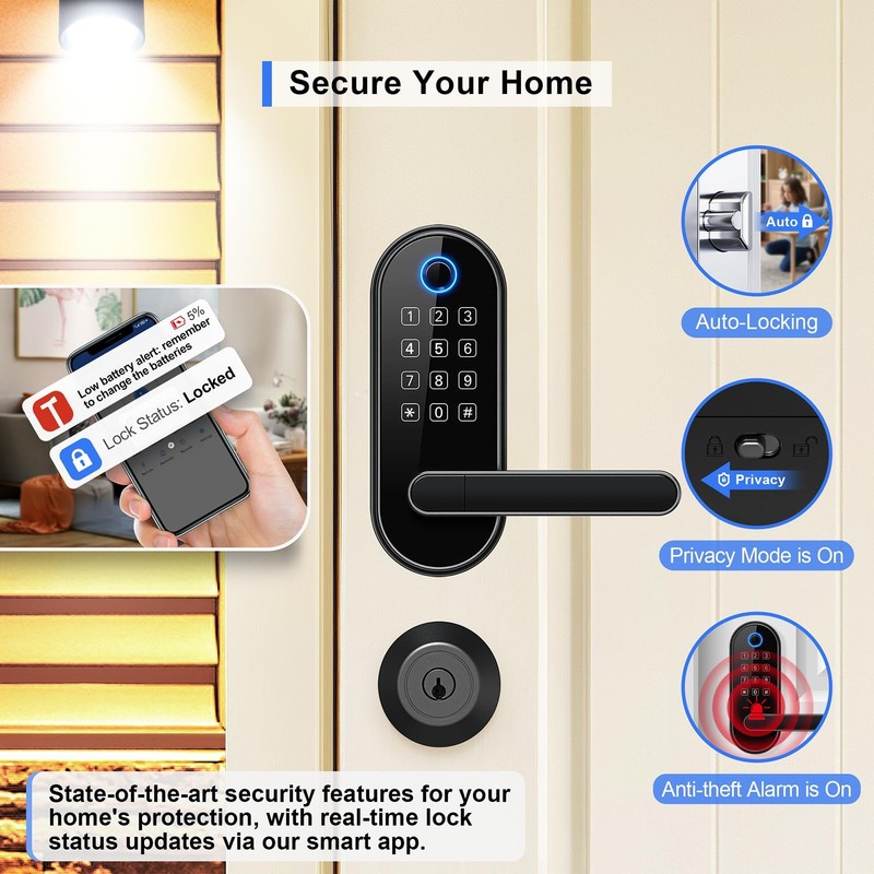 Bluetooth Fingerprint Smart Lock with Handle & Keypad – Fits Most US Black gallery