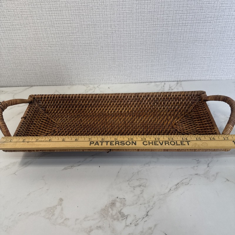Pampered Chef Rectangular Woven Rattan Serving Tray Handles 17" MCM Tiki Picnic gallery