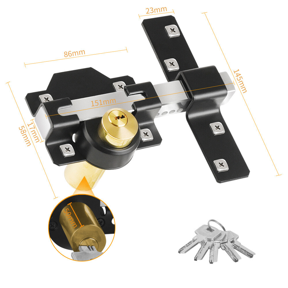 50/70mm Double Long Throw Gate Lock 5 Keys Garden Locking Both Sides Home Update gallery
