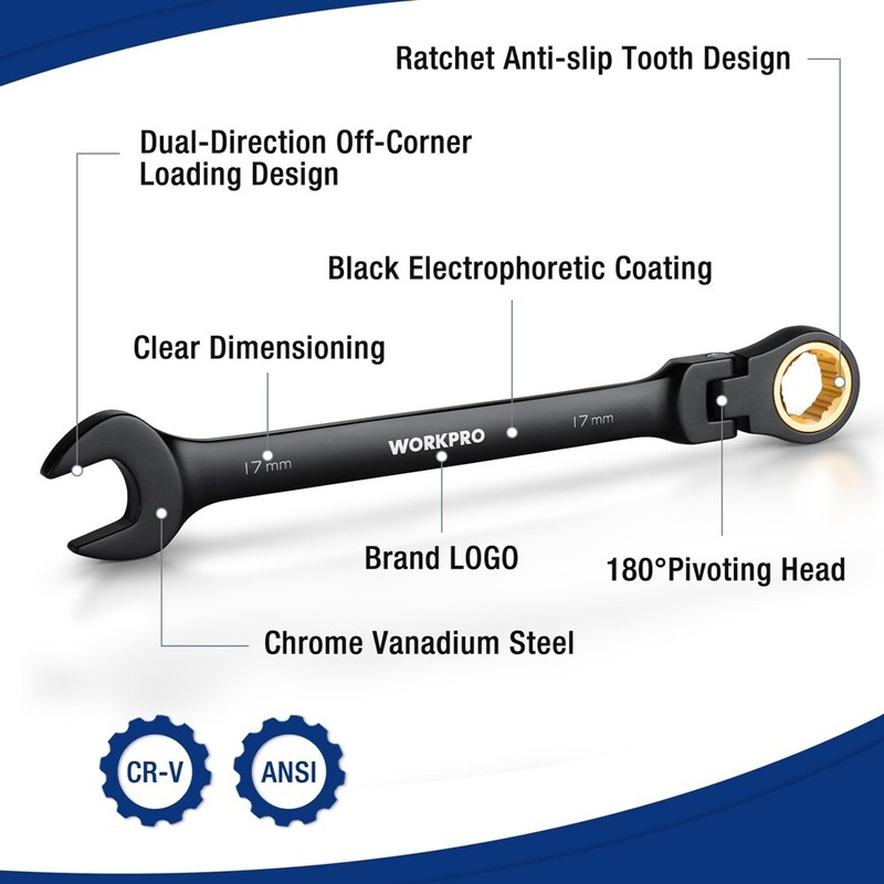 WORKPRO 8PC Flex Head Ratcheting Wrench Set Metric 8-17mm Anti-slip Set 72-Teeth gallery
