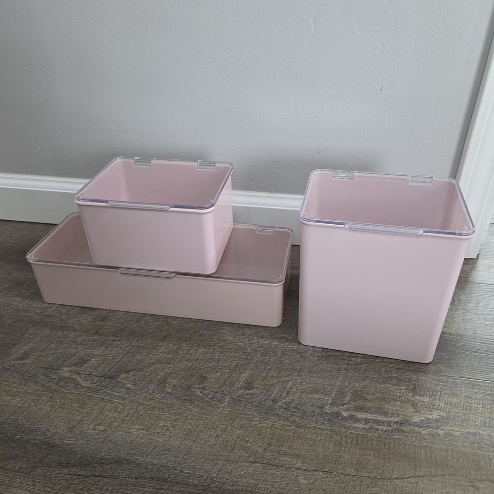 Set Of mDesign Plastic Stackable Storage Box Hinged Clear Lid Pink Containers