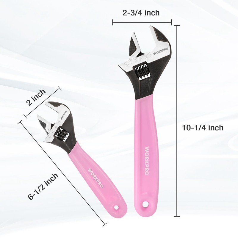 WORKPRO 2PCS Pink Adjustable Wrench Set 6" 10" Wide Jaw Black Oxide Metric & SAE gallery