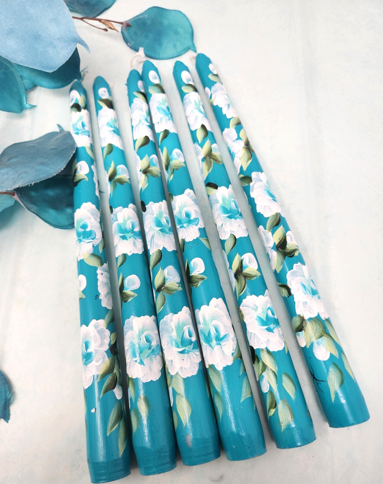 Taper Hand Painted Candle Sticks Dark Aqua Blue Roses & Buds 10" Set Of 2 gallery
