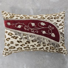 Leopard Print Velvet Throw Pillow Rectangular Brown Red Embroidered Fringe