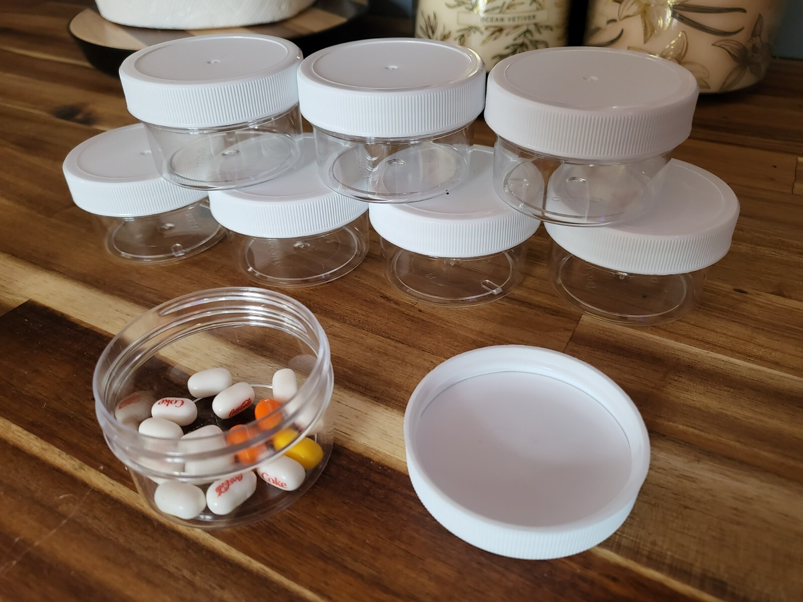 SET OF 9 -- 1 oz Small Plastic Containers Screw On Lids 1 7/8 inch inside dia. gallery