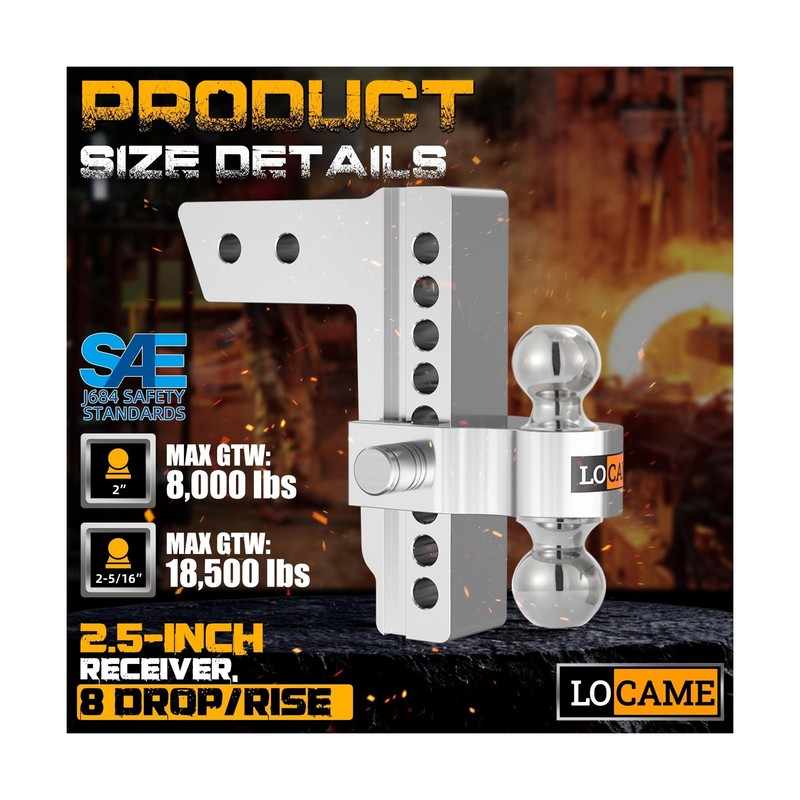 LOCAME Adjustable Trailer Hitch, Fits 2.5-Inch Receiver Only, 8-Inch Drop/Ris... gallery