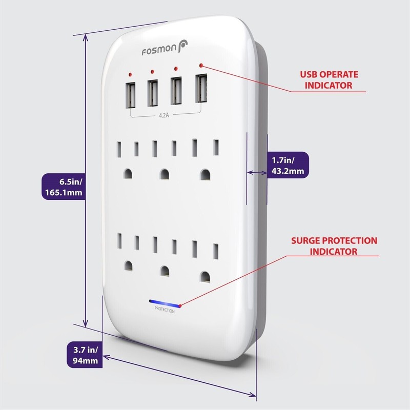 6 Outlet Extender 1225J Surge Protector With 4 USB Charger Port Wall Adapter Tap gallery