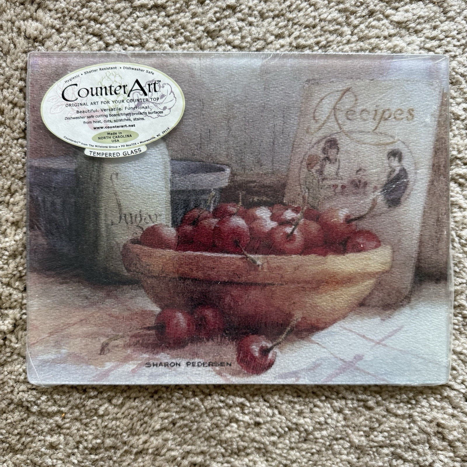 CounterArt Glass Cutting Board Sharon Pedersen Cherry Bowl Rustic Kitchen NOS gallery