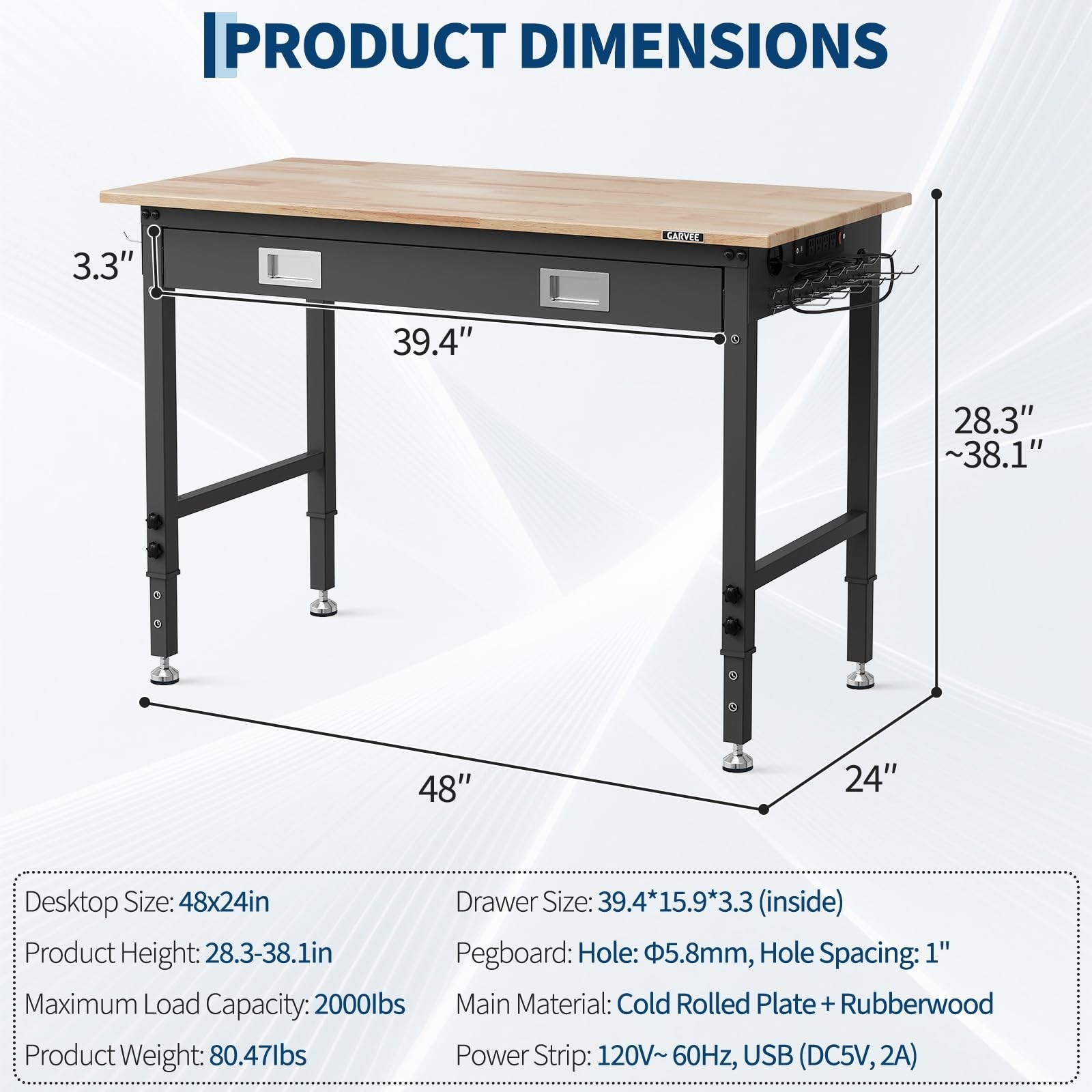 Height Adjustable Workbench 48"x 24" Large Capacity Heavy-Duty Power Outlets gallery