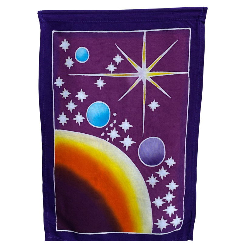 Celestial Sun Moon Star Planet Prayer Flag wall hanging String Bali Batik art gallery
