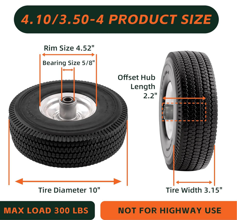 10 Inch Solid Polyurethane Tire 4.10/3.50-4 Tire, 10" Flat Free Wheels with 5 gallery