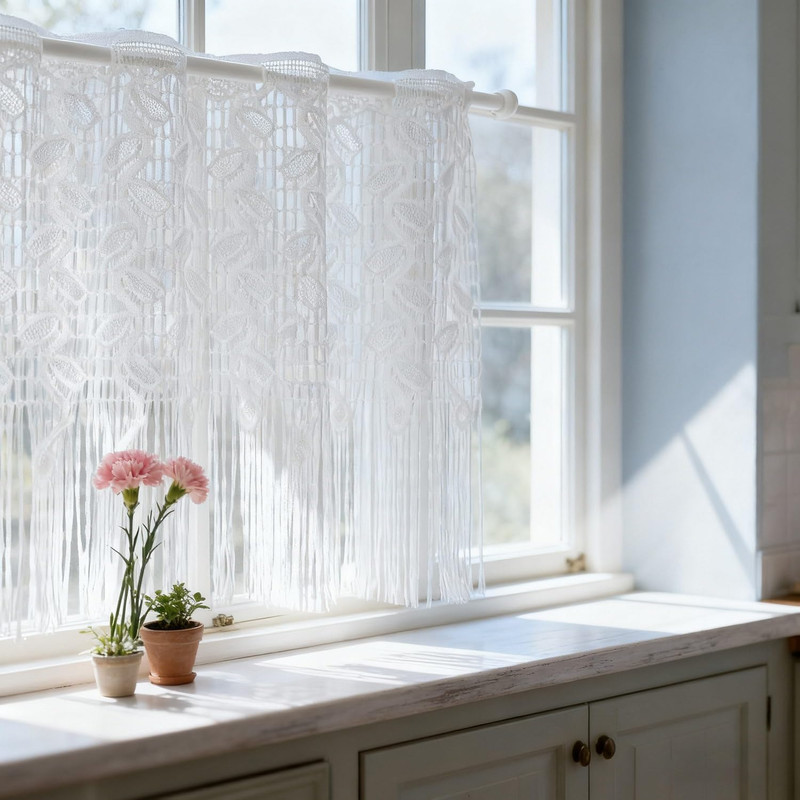 1 Panel White Lace Leaf Pattern Sheer Curtain Valance for Kitchen Small Window R gallery