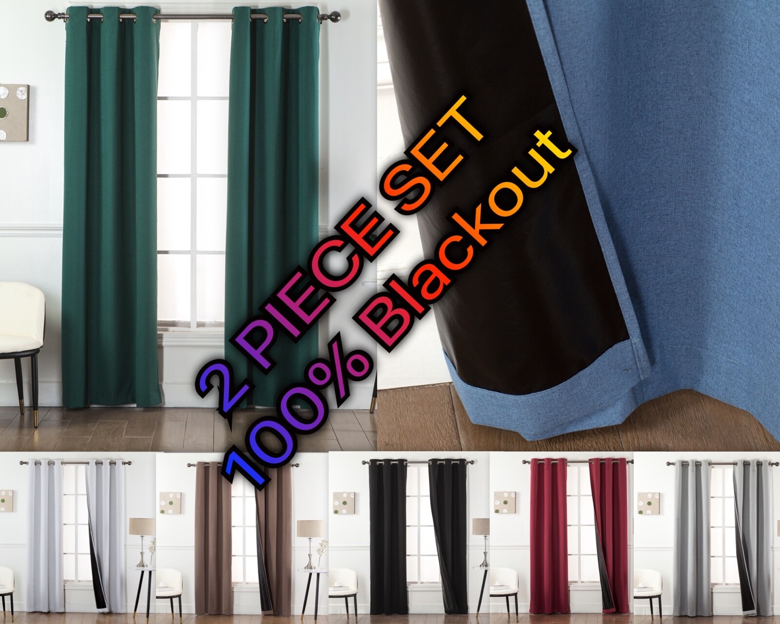 2-Piece Set - 100% Blackout Window Curtains - Black Back & Grommets - 4 SIZES!!! gallery