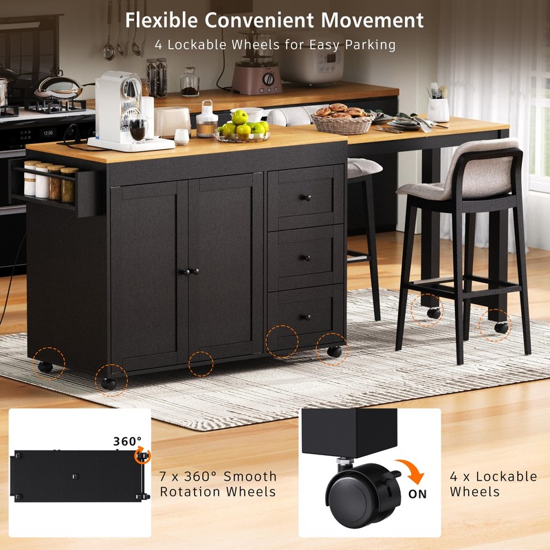 74.8 Inch Kitchen Island with Extendable Dining Table Rolling Storage Cart Power gallery