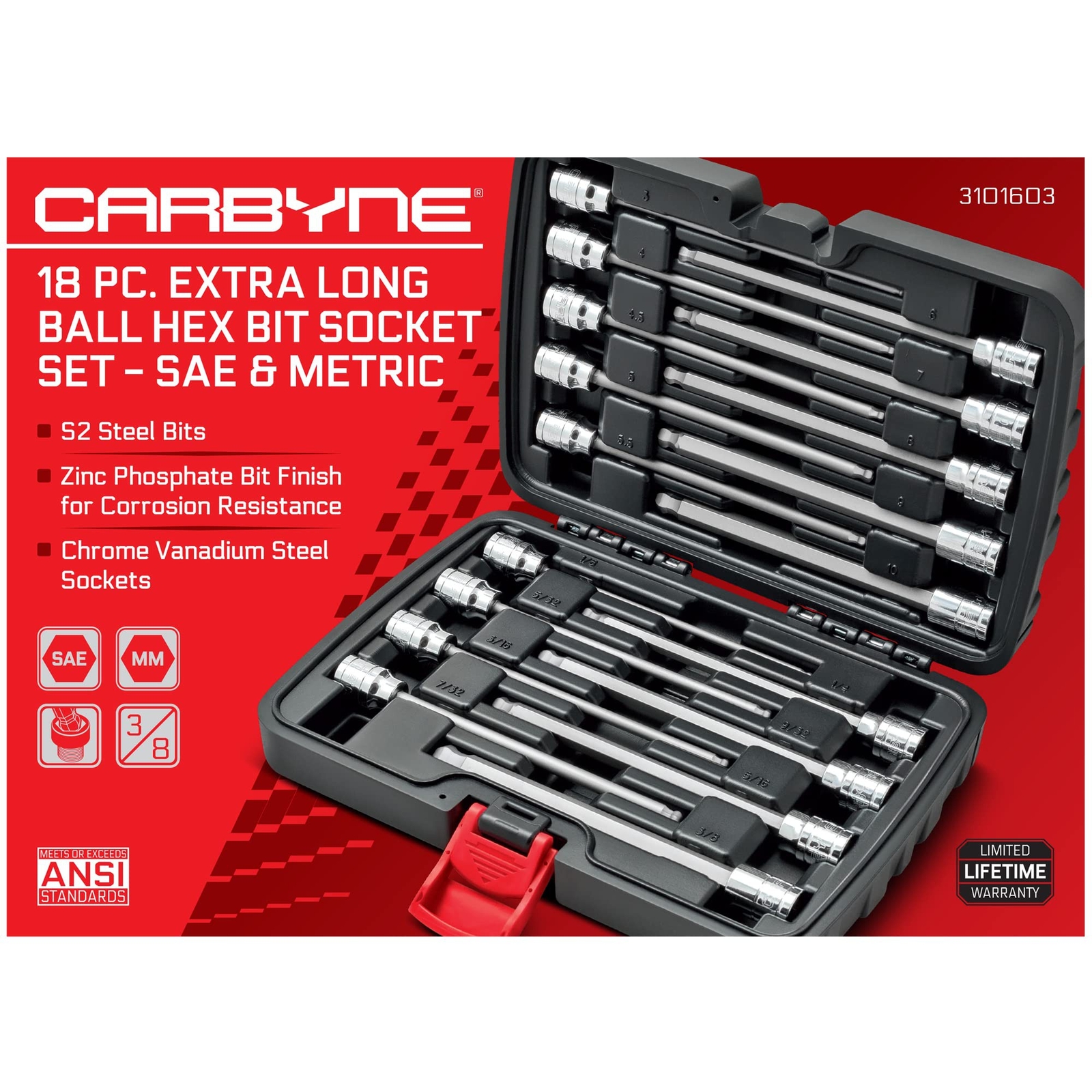 CARBYNE Extra Long Ball End Hex Bit Socket Set - 18 Piece - SAE & Metric gallery