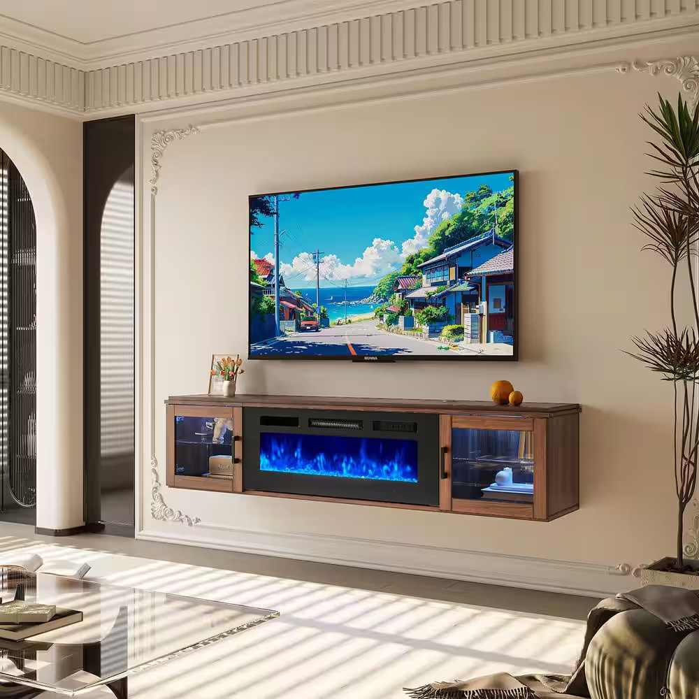 70 In. Wall Mount Modern Electric Fireplace TV Stand with Open Storage Shelves i gallery