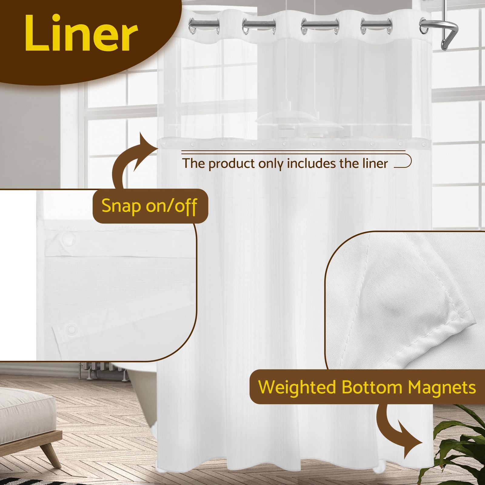 Fabric Snap-in Shower Curtain Liner Replacement Compatible with Hookless Show... gallery