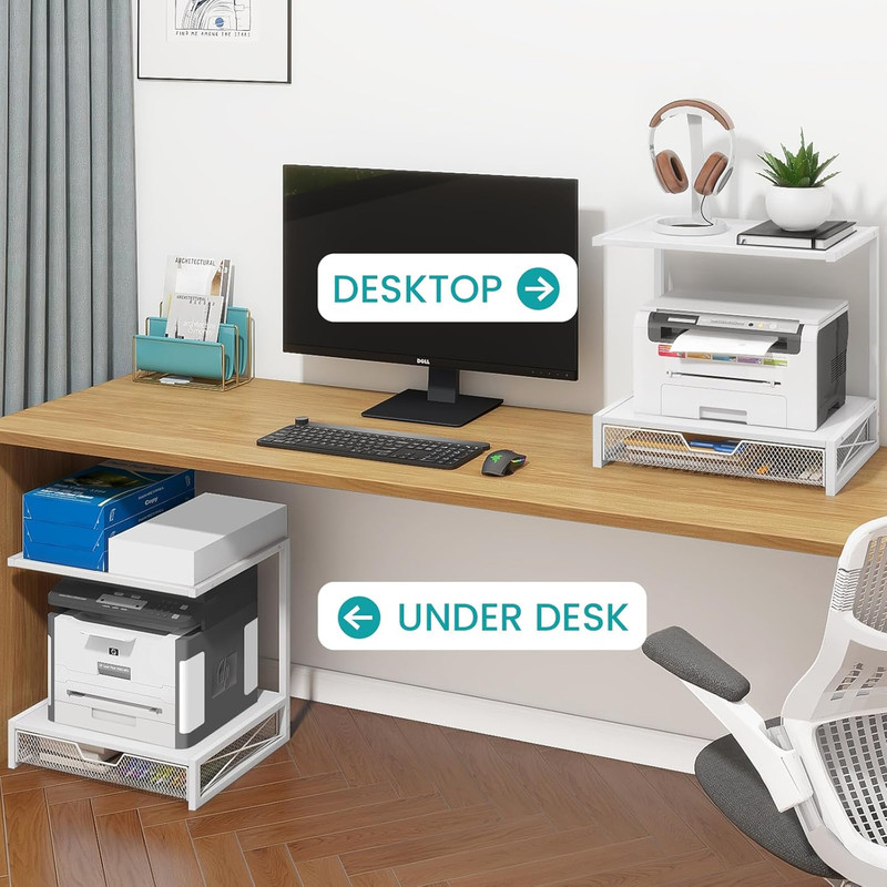 Printer Stand for Desk with Storage Drawer 2 Tier White Drawer gallery