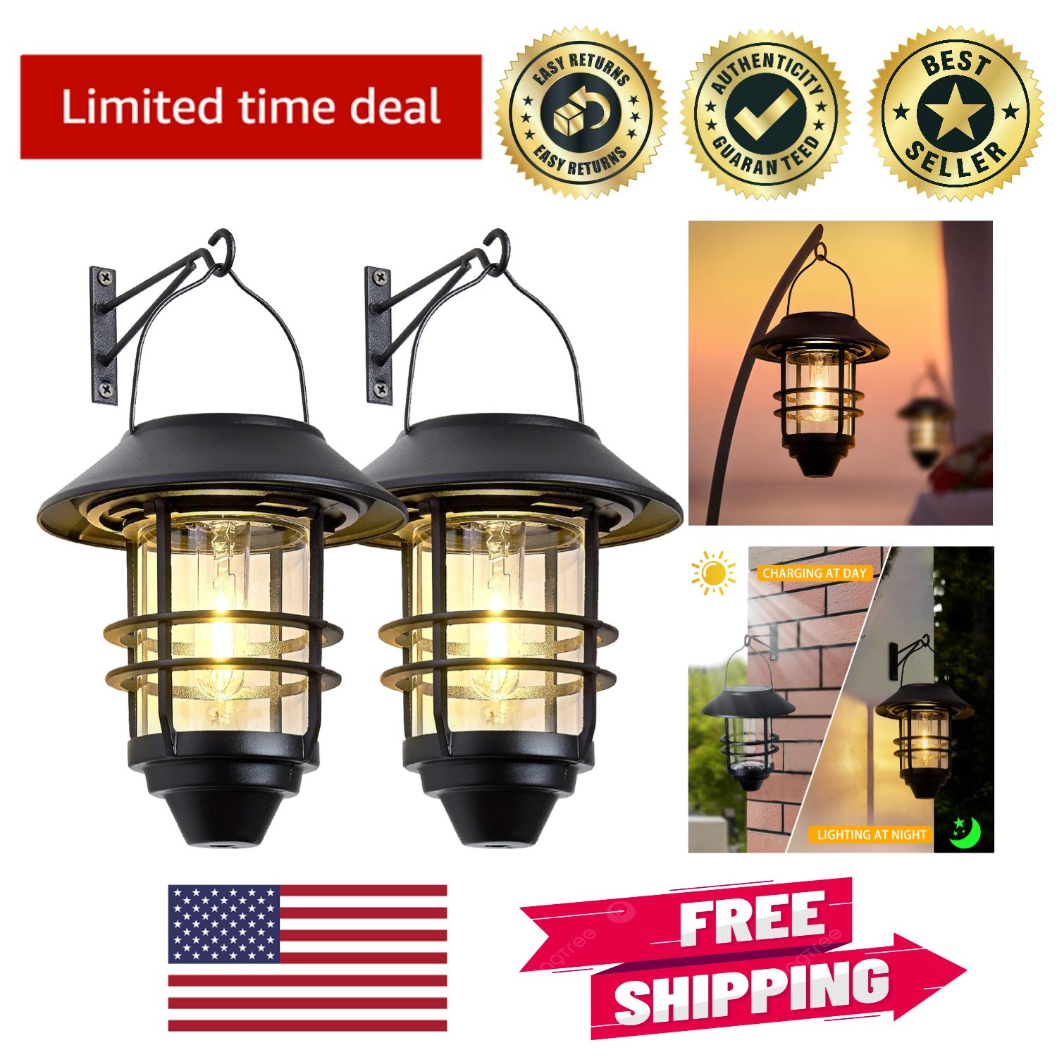 Stylish Solar Powered Lanterns - Elegant Outdoor Lights with Wall Mount, 2 Pack gallery
