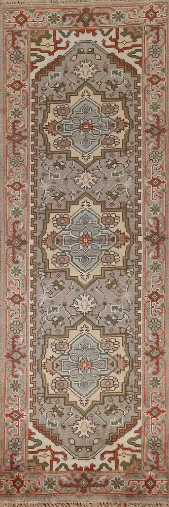 Gray Wool Hand-made Oriental 8 ft Runner Geometric Traditional Hallway Rug 3x8