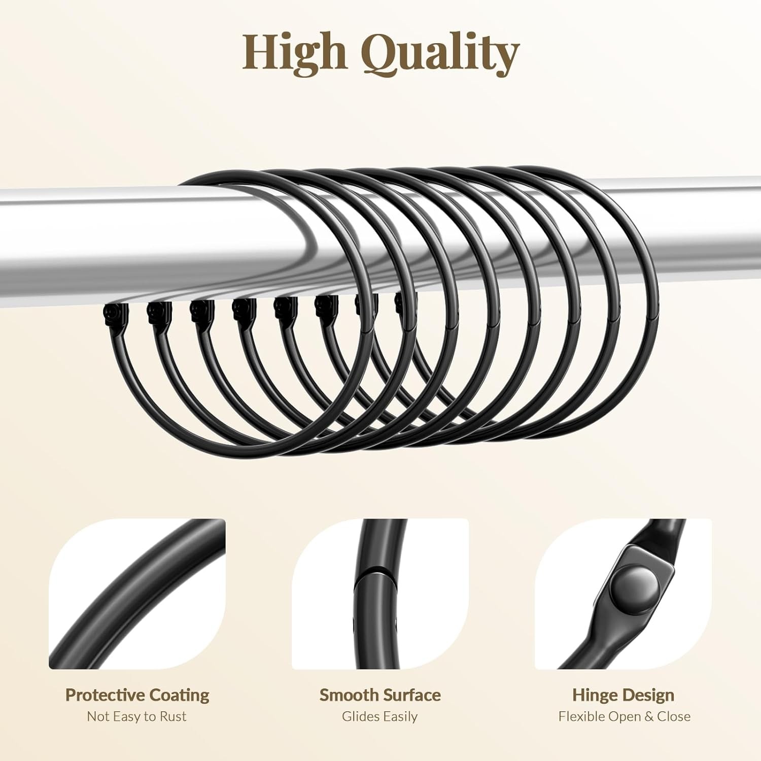 Black Shower Curtain Rings Rustproof Metal Round Hooks Anti-Drop Set of 12 Pack gallery