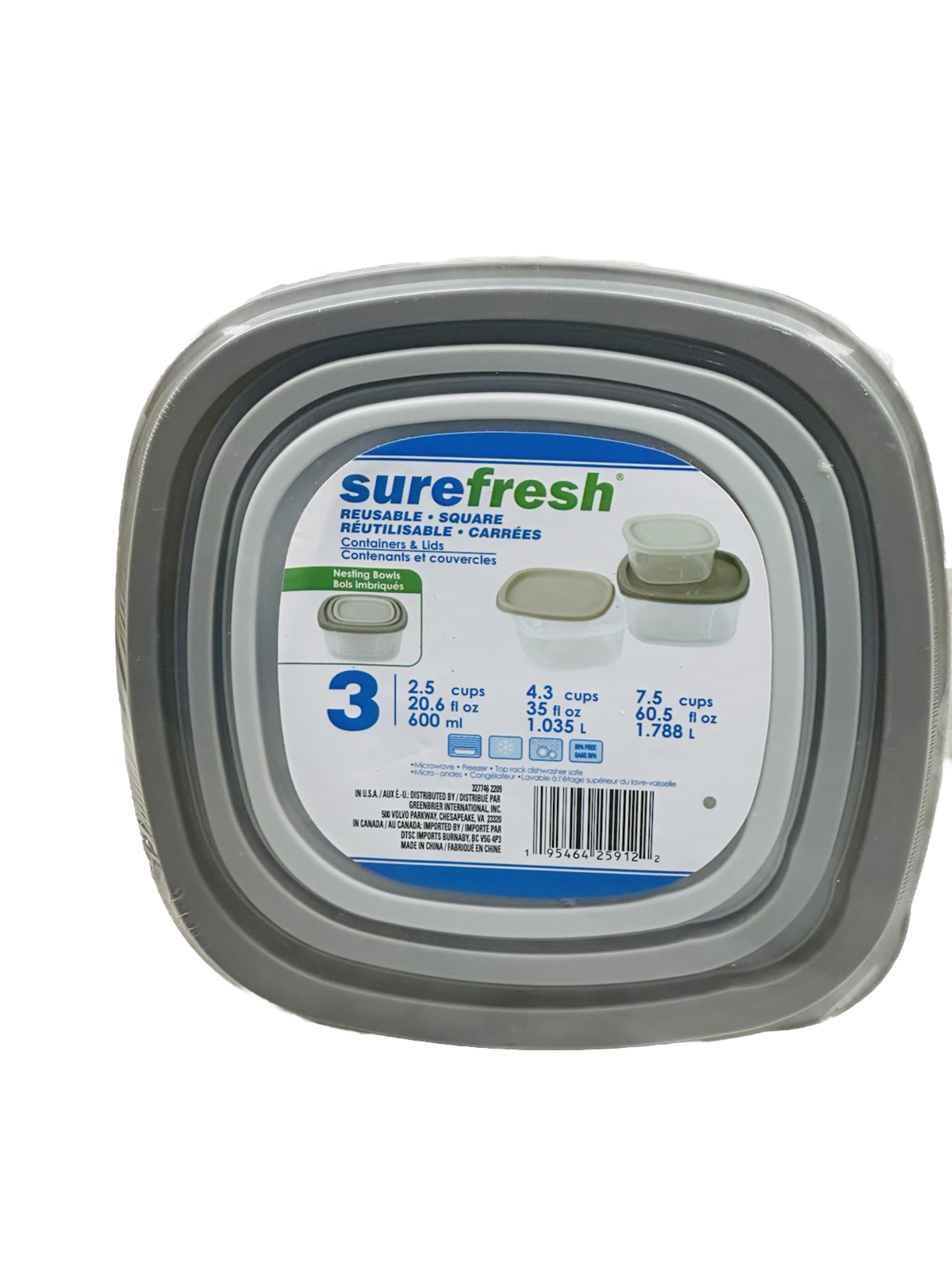 Sure Fresh Square Containers & Lids 3 Pack (20.6 oz, 35 oz & 60.5 oz)1 Pack gallery