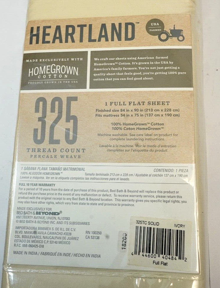 Heartland 100% Cotton full flat sheet Ivory 325 TC percale weave 84x90 inches gallery