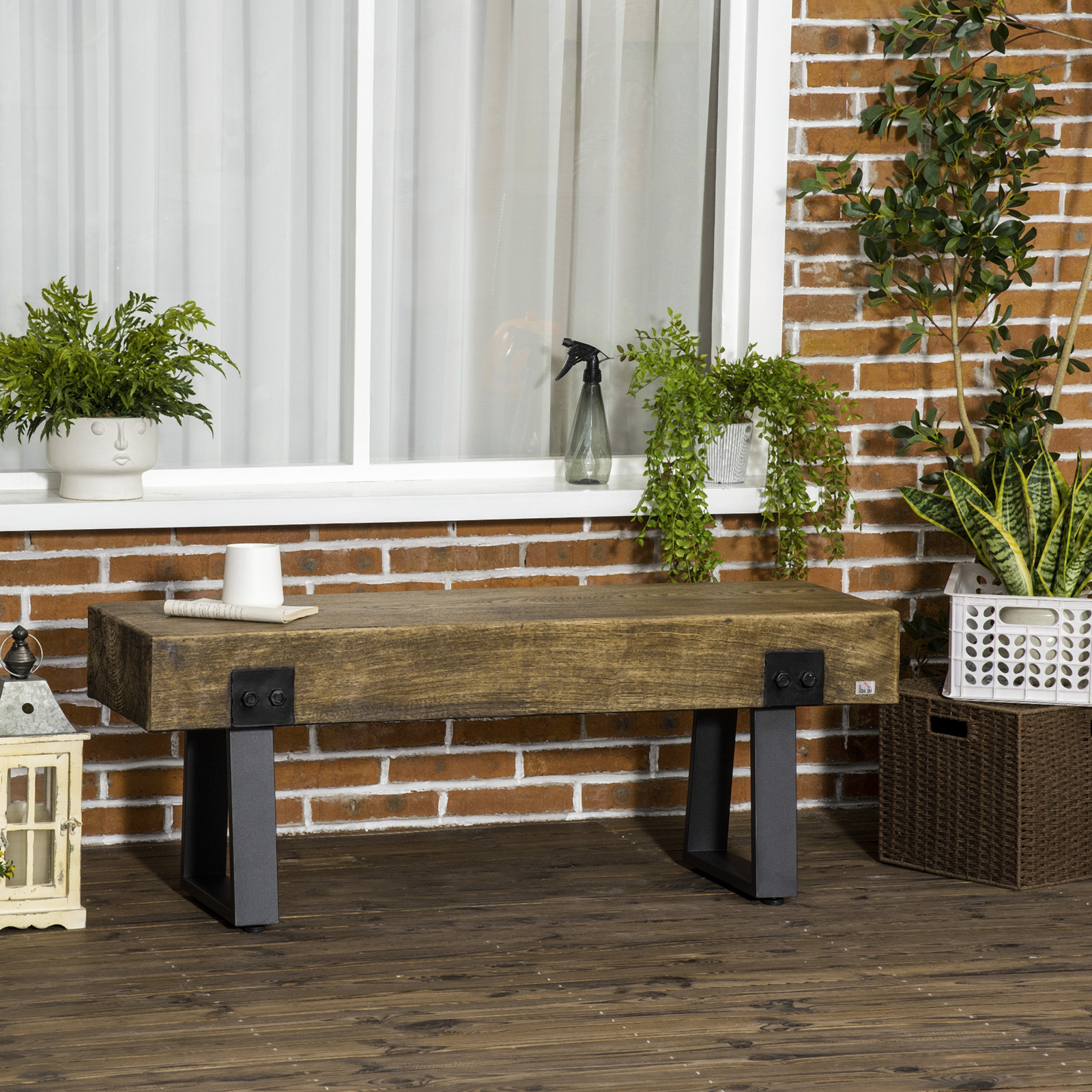 Garden Bench with Metal Legs, Rustic Wood Effect Concrete Dining Bench, Natural gallery