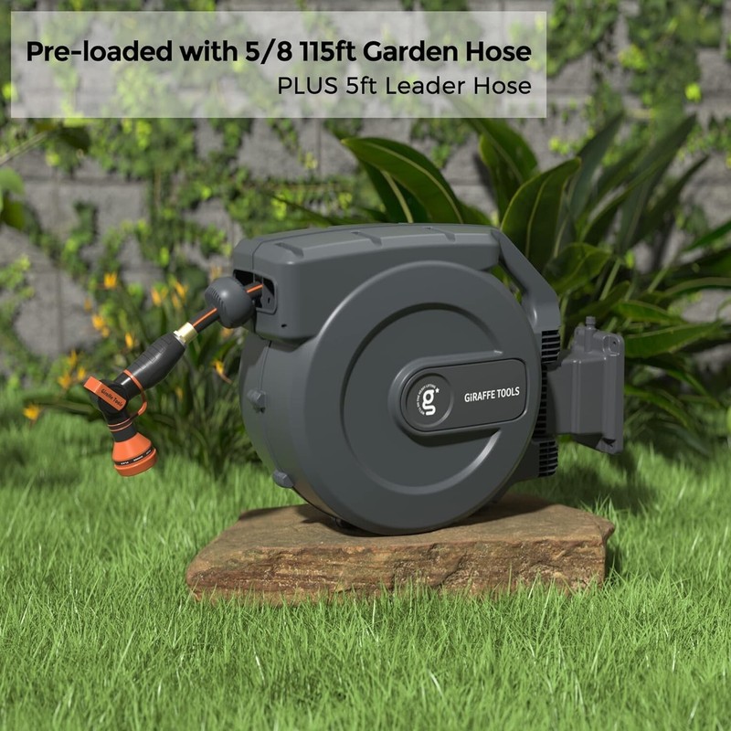 Giraffe Tools Retractable Garden Hose Reel Wall Mount 5/8-IN 115-FT with Nozzle gallery