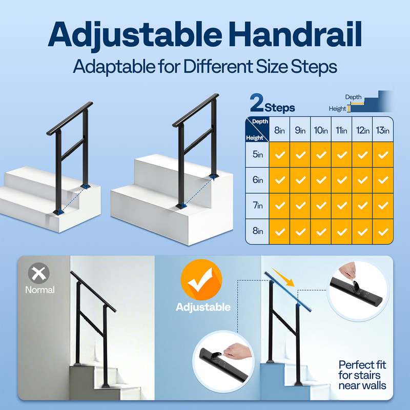 Outdoor Stair Handrail 2 Step Adjustable Railing Galvanized Steel Black 2 Pack gallery