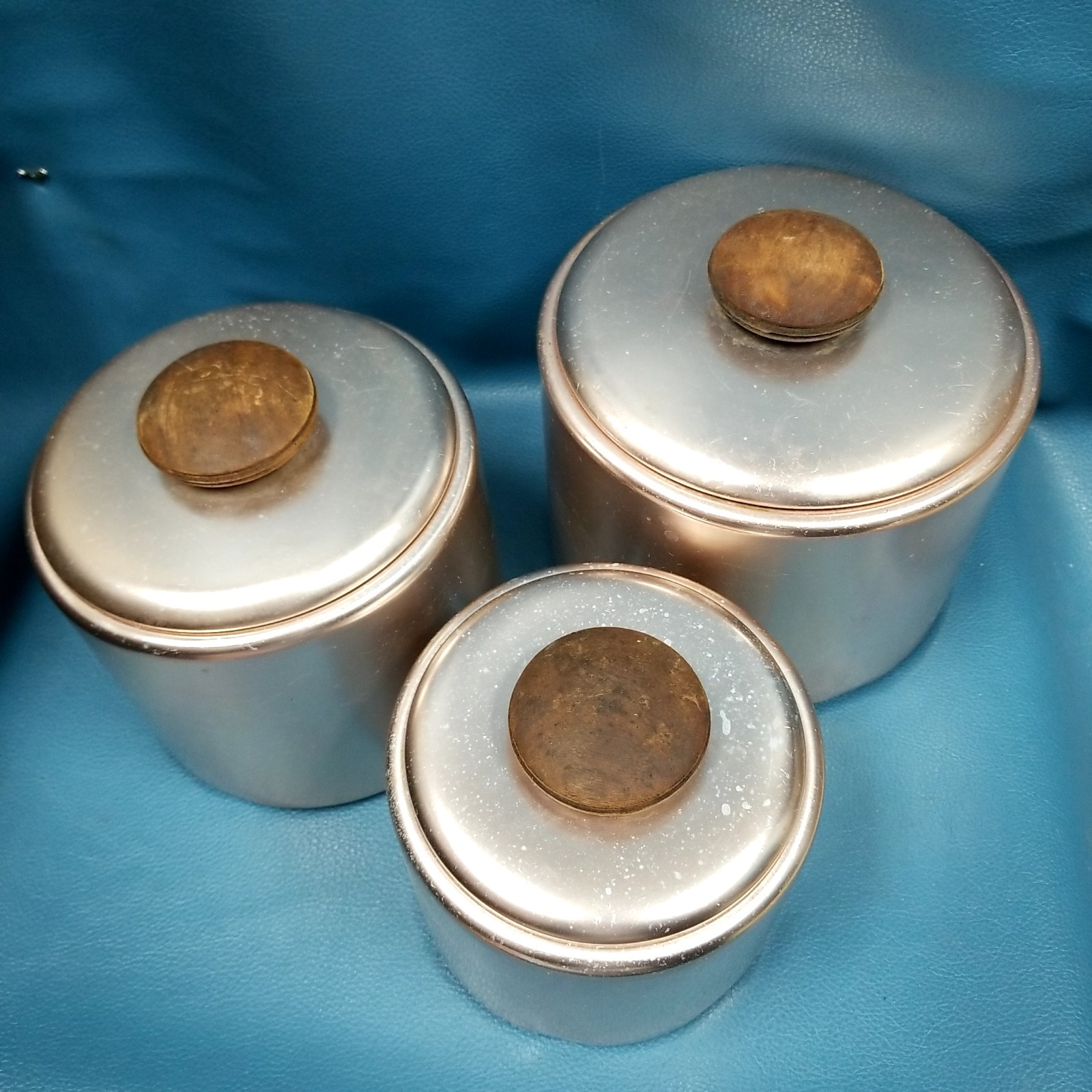 VTG MCM Mirro USA Platinum Copper Tone Aluminum Canister Set Wood Handles 3 PC gallery